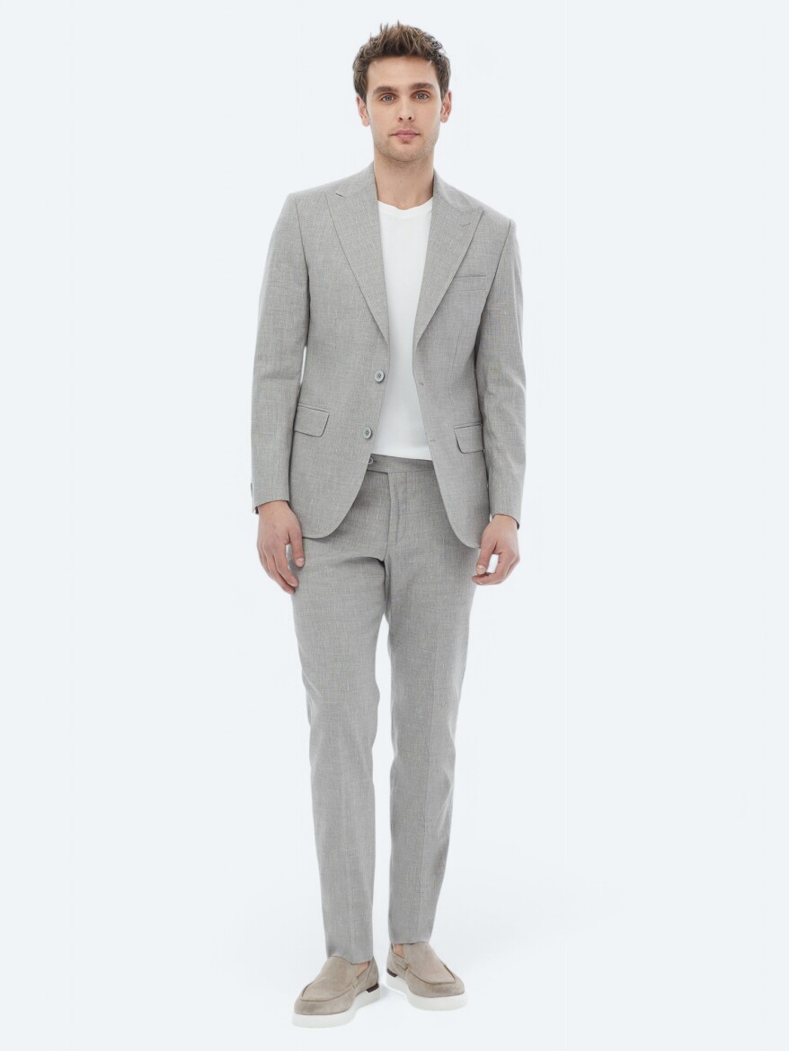 Grey Striped Modern Fit Linen Blended Suit - 7