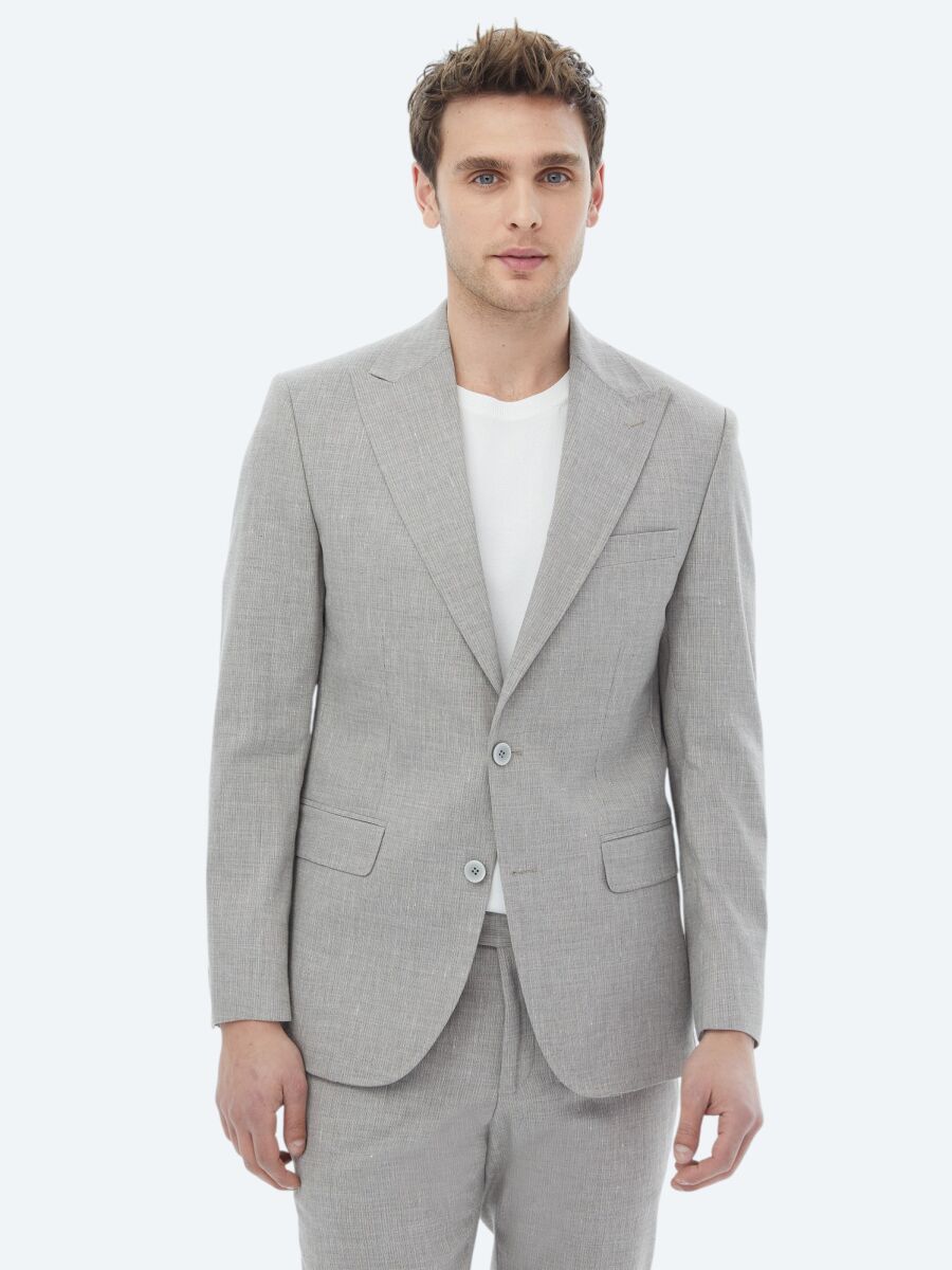 Grey Striped Modern Fit Linen Blended Suit - 8