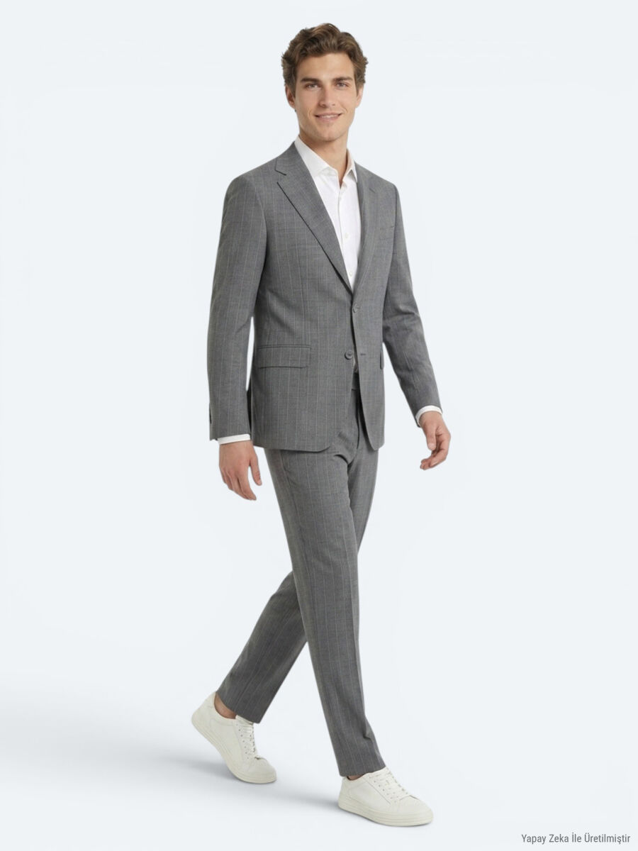 Grey Striped Modern Fit Silk Blended Suit - 3