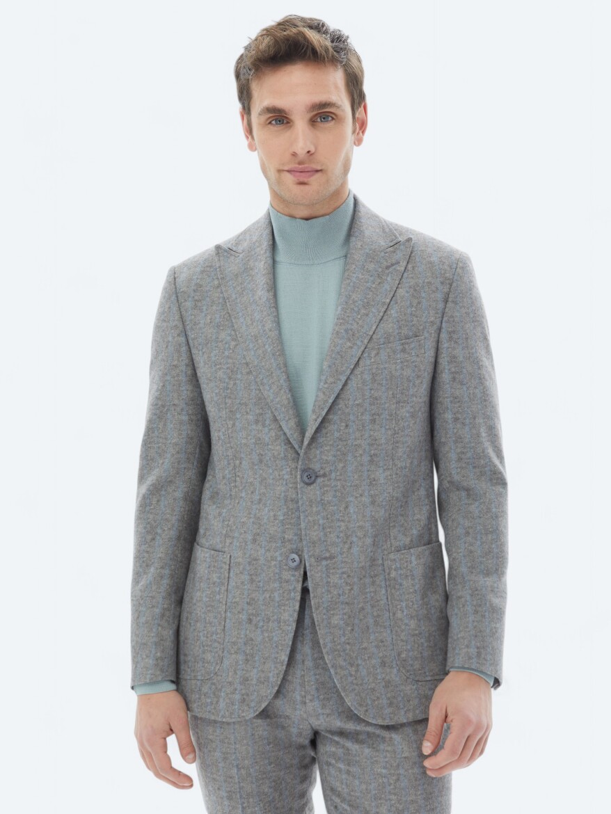 Grey Striped Modern Fit Wool Blended Suit - 1