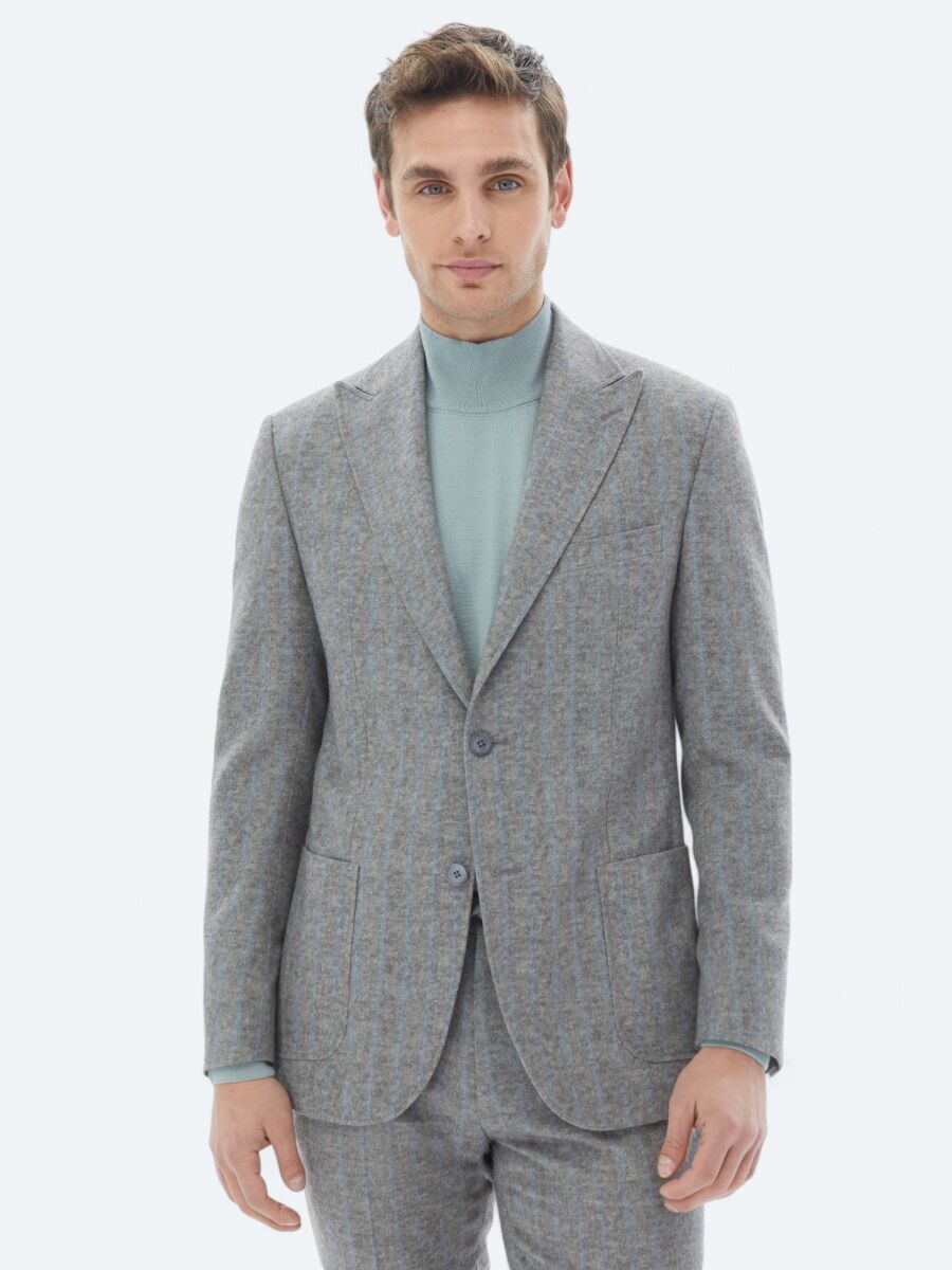 Grey Striped Modern Fit Wool Blended Suit - 1