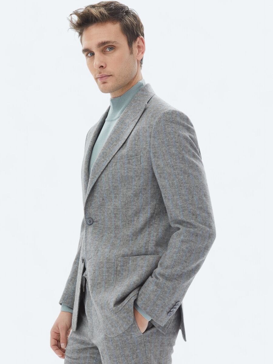 Grey Striped Modern Fit Wool Blended Suit - 3