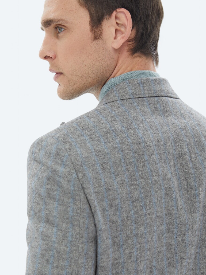 Grey Striped Modern Fit Wool Blended Suit - 5