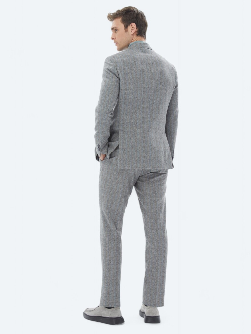 Grey Striped Modern Fit Wool Blended Suit - 7