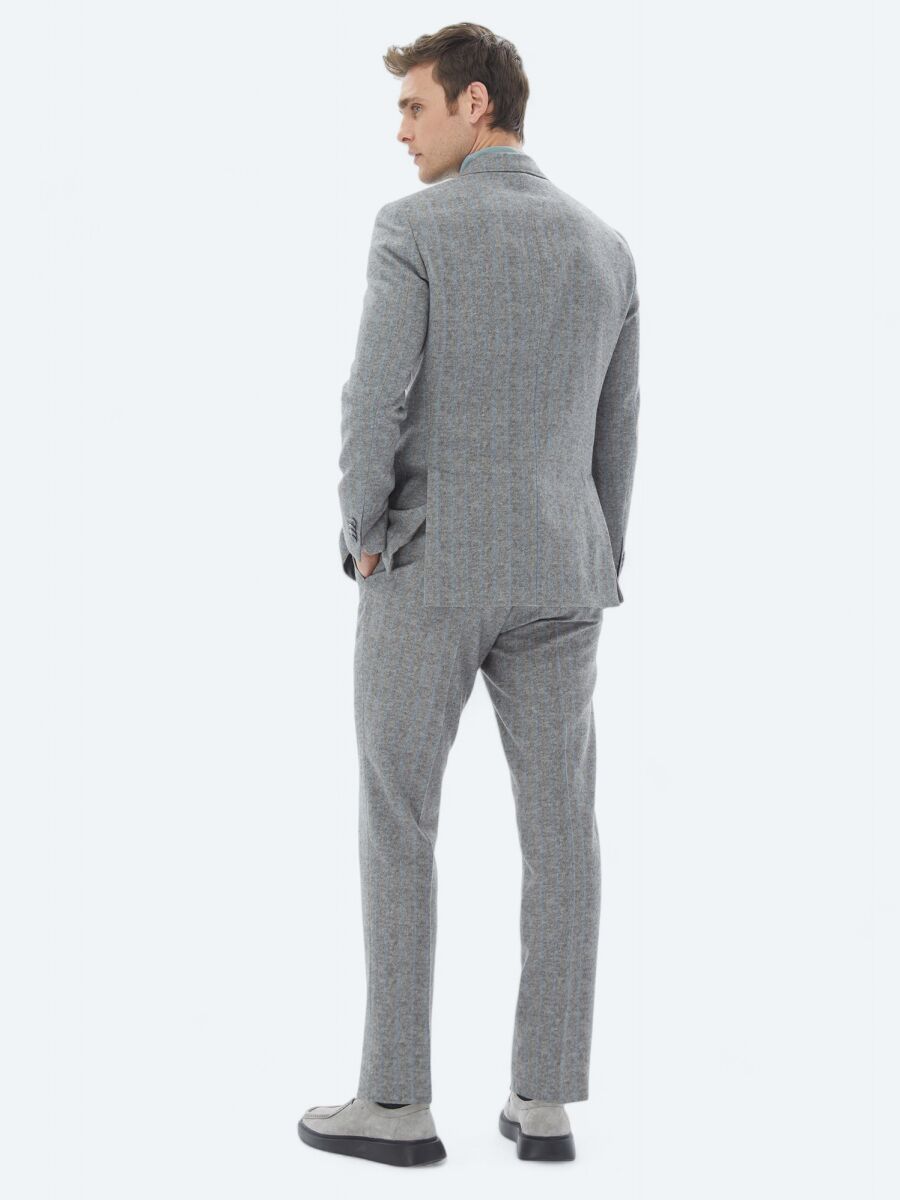 Grey Striped Modern Fit Wool Blended Suit - 7