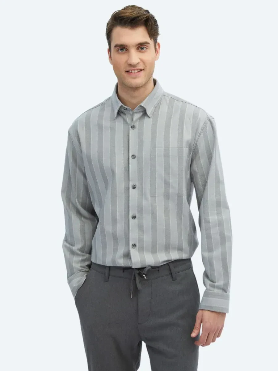 Grey Striped Oversize Fit Weaving Casual Cotton Blended Shirt - 3