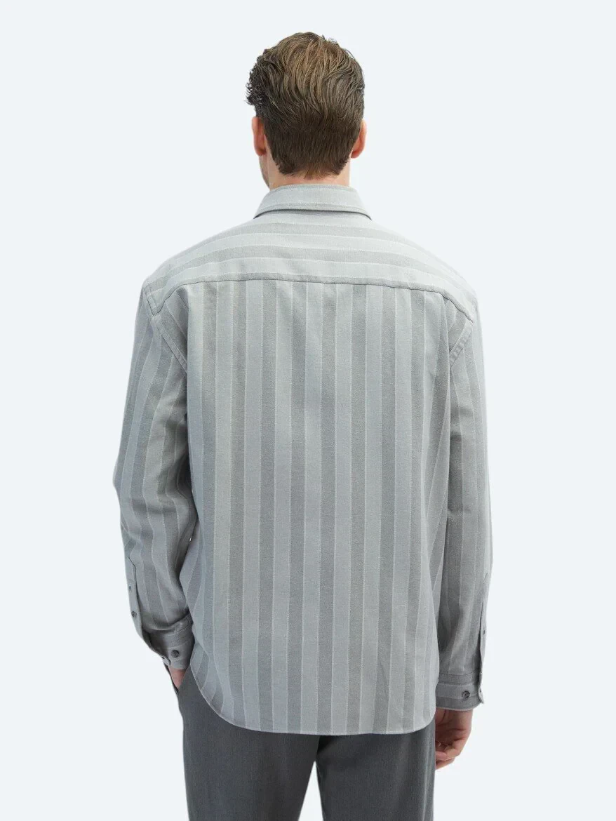 Grey Striped Oversize Fit Weaving Casual Cotton Blended Shirt - 6