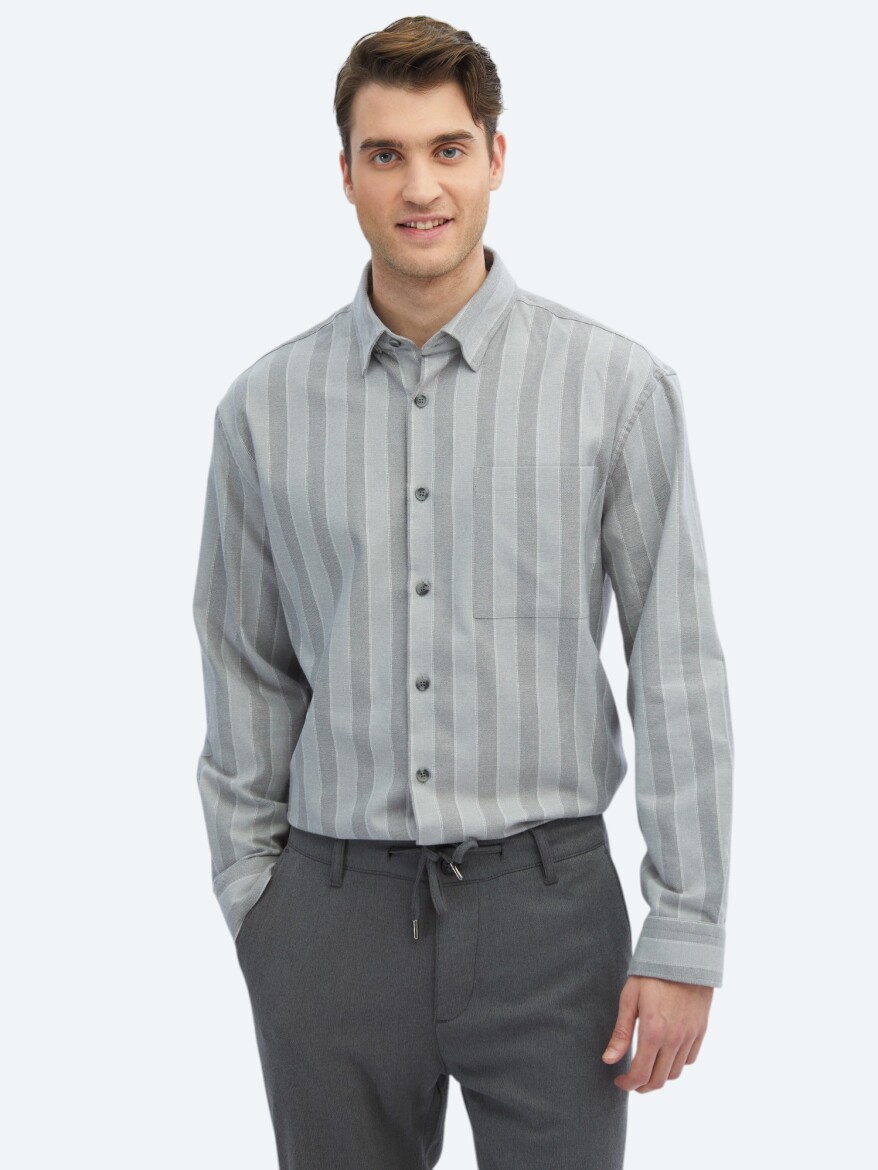 Grey Striped Oversize Fit Weaving Casual Cotton Blended Shirt - 3