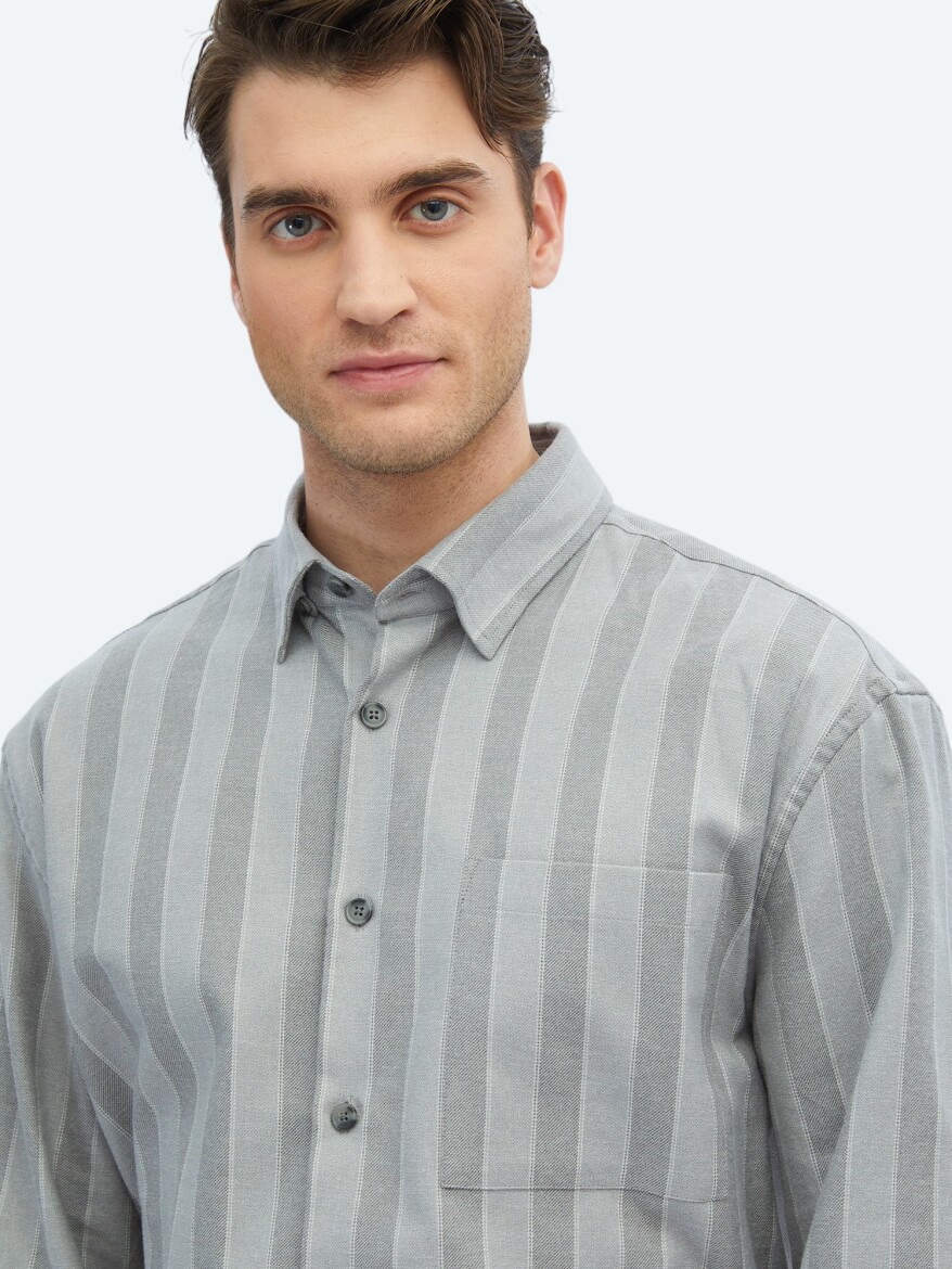 Grey Striped Oversize Fit Weaving Casual Cotton Blended Shirt - 4