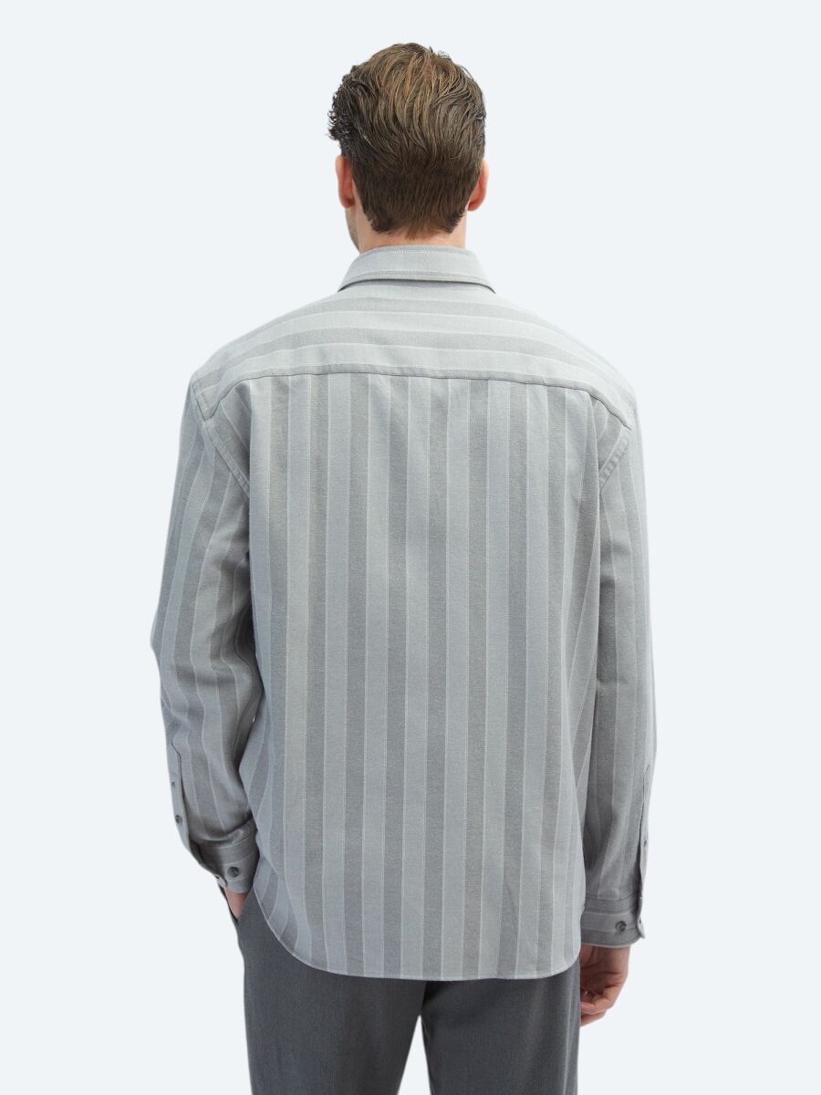 Grey Striped Oversize Fit Weaving Casual Cotton Blended Shirt - 6