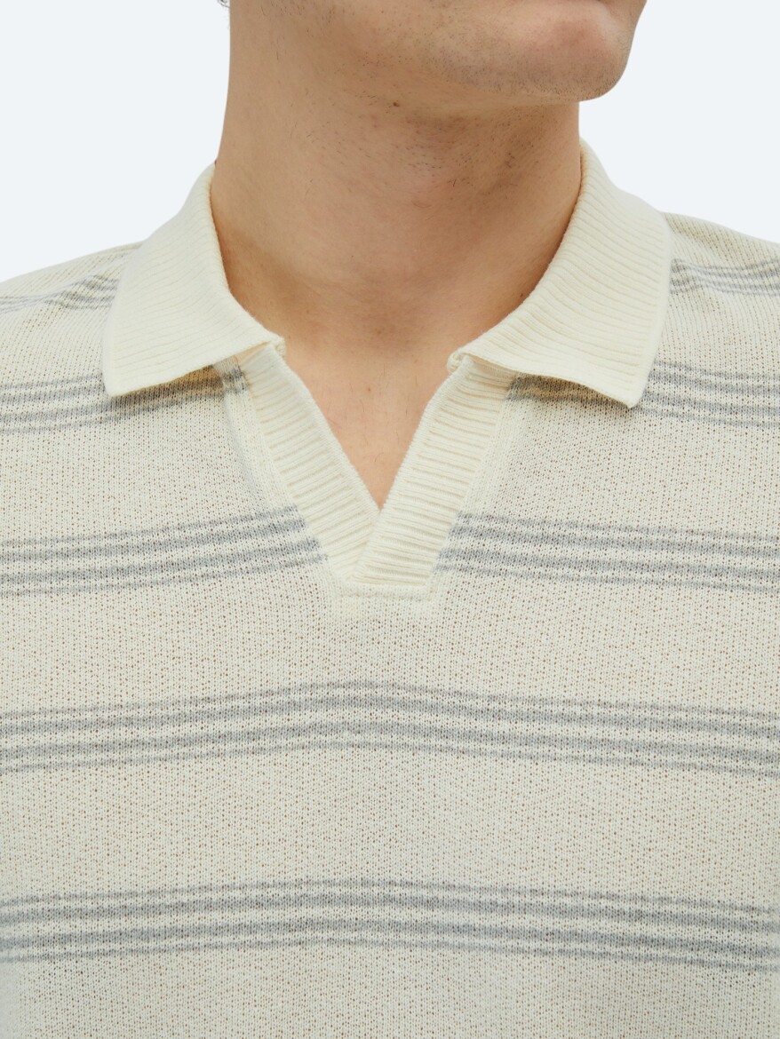 Grey Striped Polo Neck Cotton Blended T-Shirt - 4