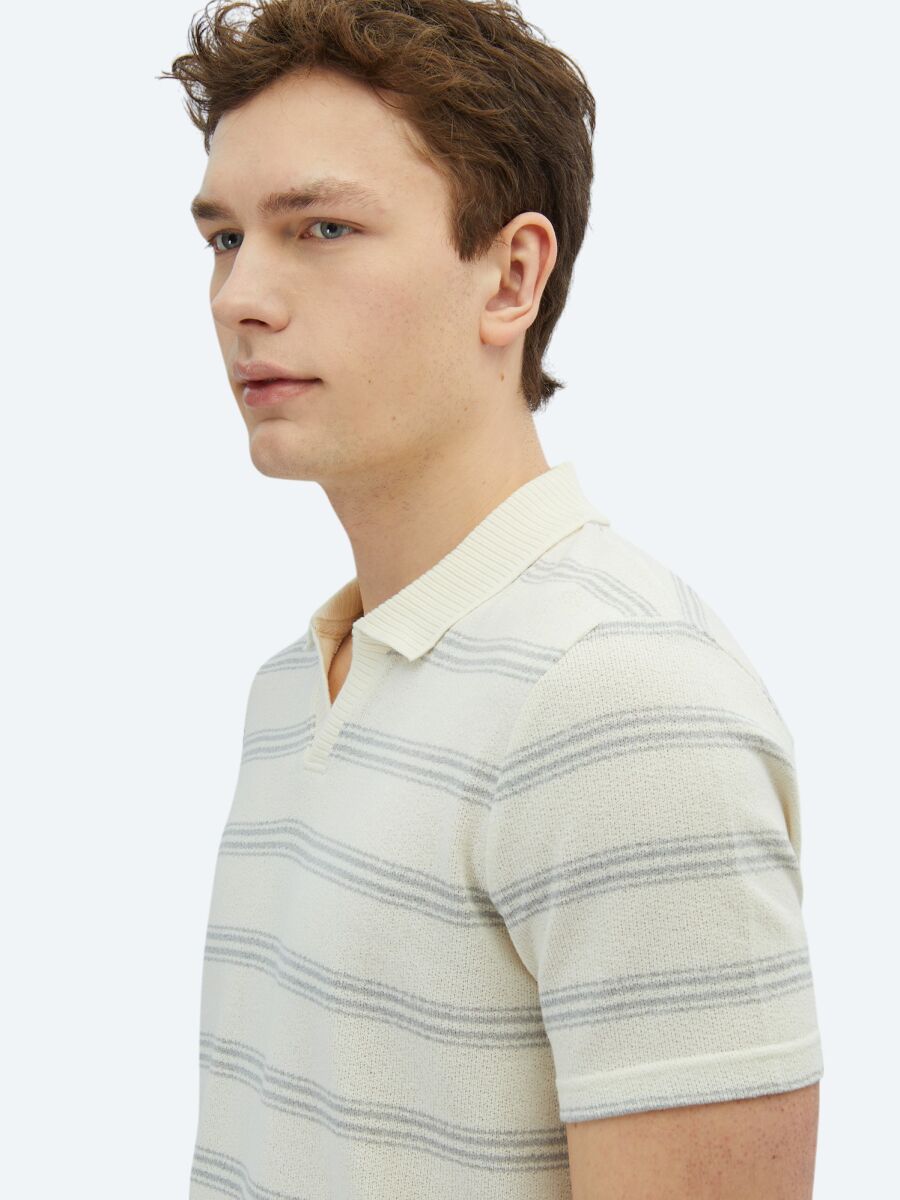 Grey Striped Polo Neck Cotton Blended T-Shirt - 5