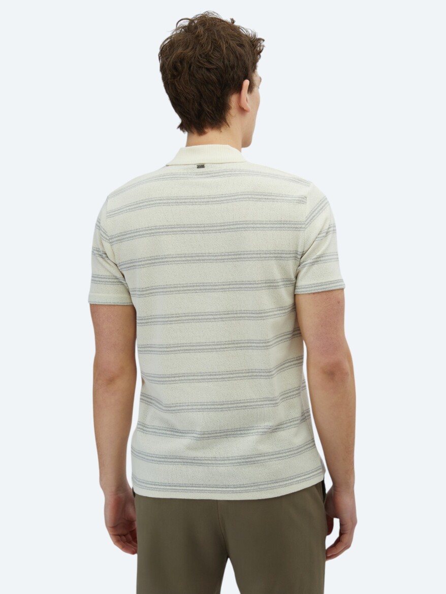 Grey Striped Polo Neck Cotton Blended T-Shirt - 6