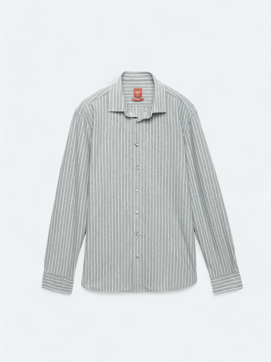Grey Striped Regular Fit Knitting Casual Cotton Blended Shirt - 7