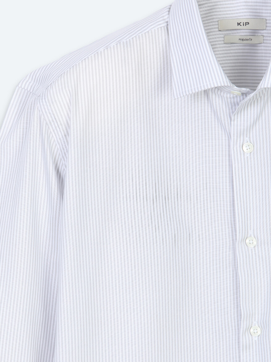 Grey Striped Regular Fit Long Weaving Casual Cotton Blended Shirt - 6