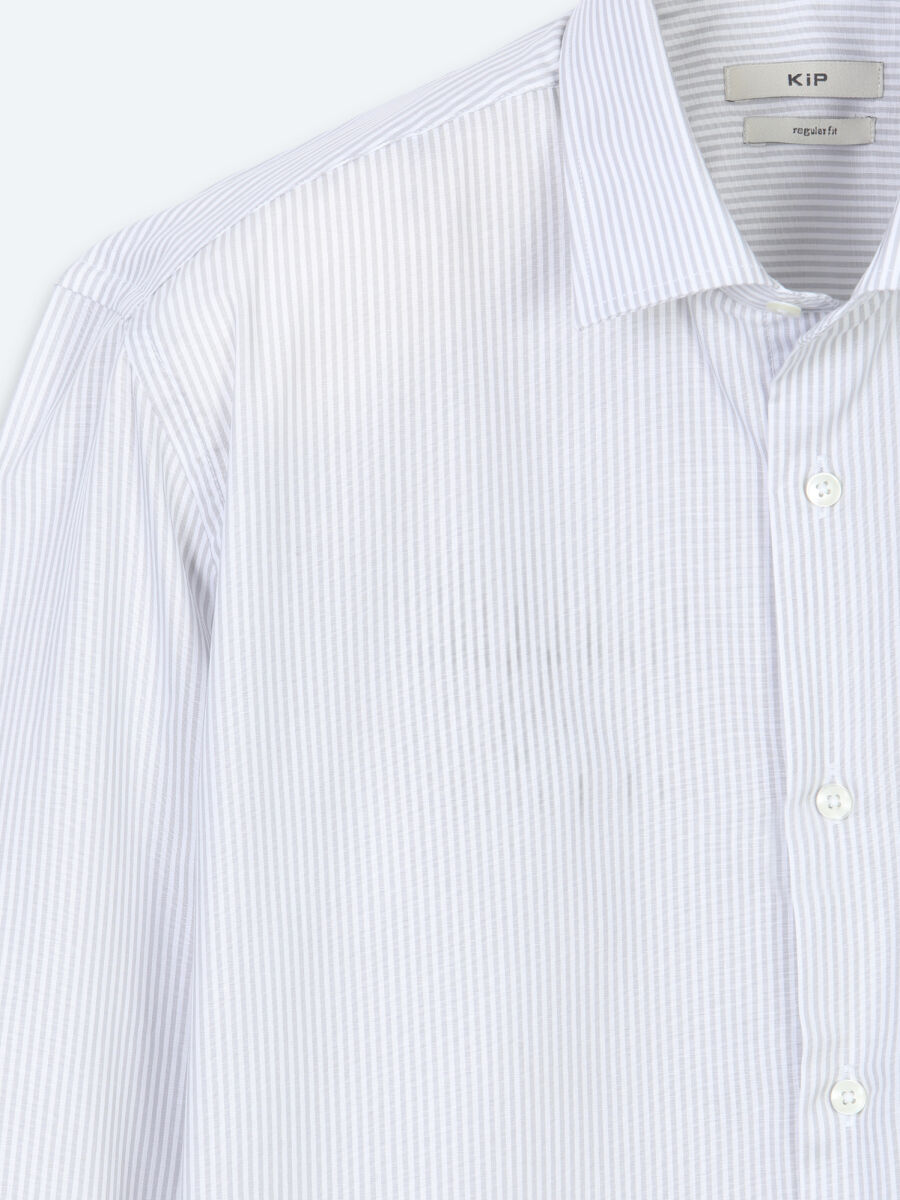Grey Striped Regular Fit Long Weaving Casual Cotton Blended Shirt - 6