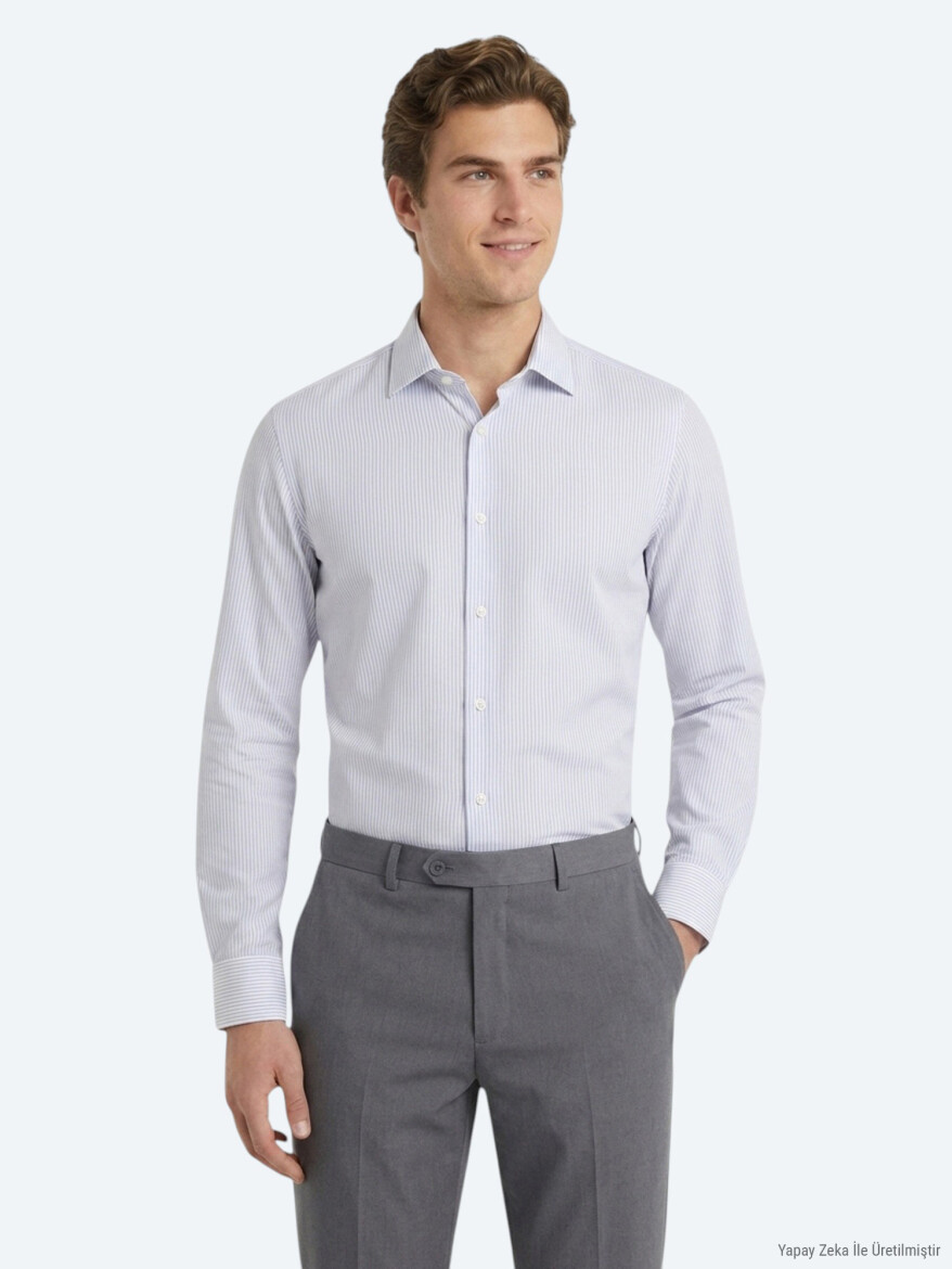 Grey Striped Regular Fit Long Weaving Casual Cotton Blended Shirt - KİP