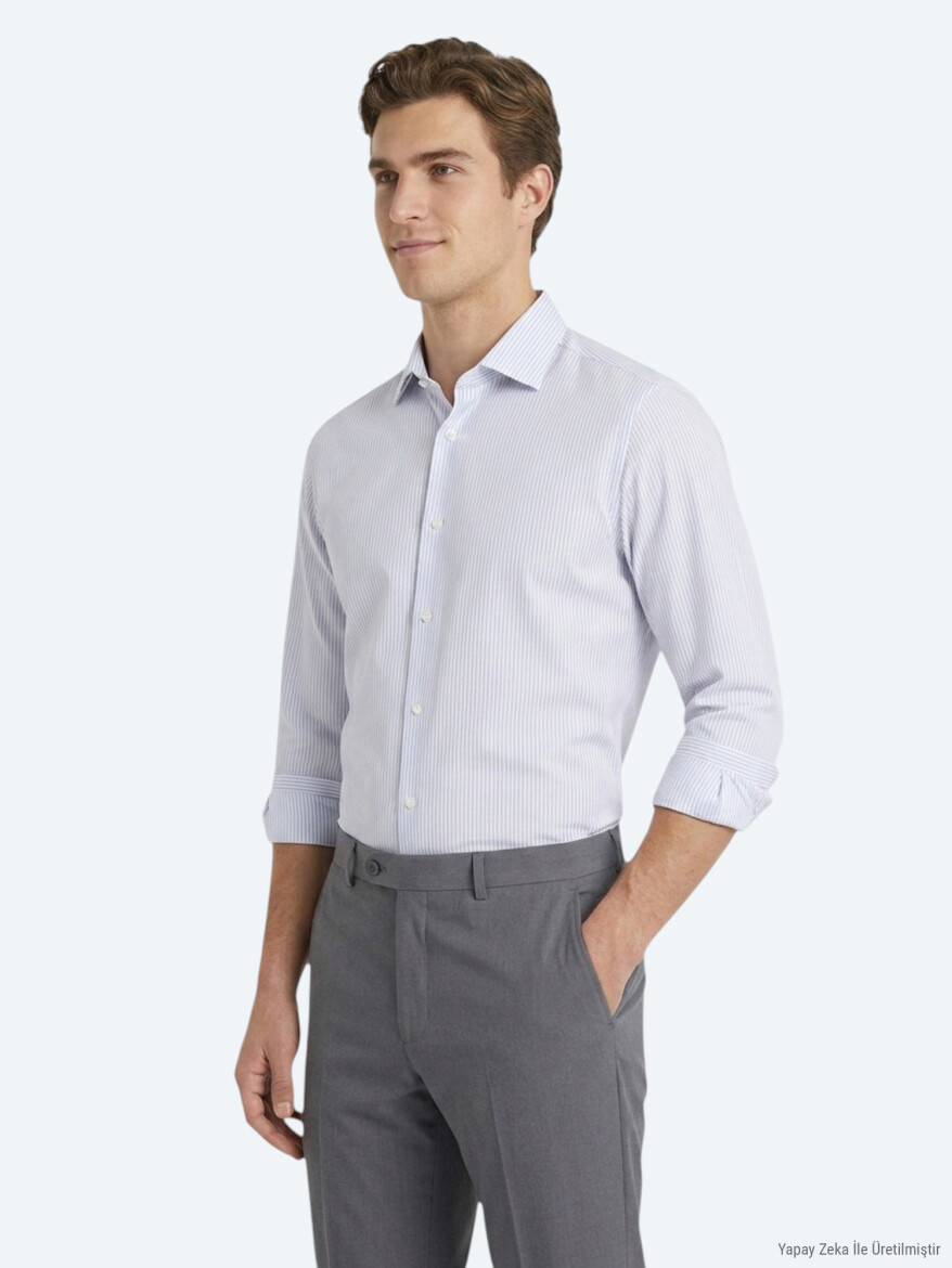 Grey Striped Regular Fit Long Weaving Casual Cotton Blended Shirt - KİP