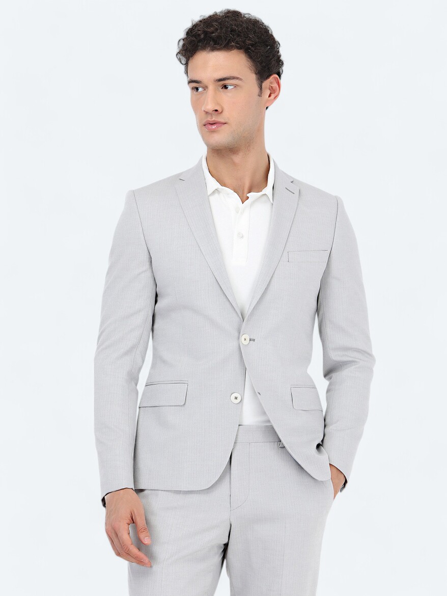 Grey Striped Slim Fit Cotton Blended Suit - 1