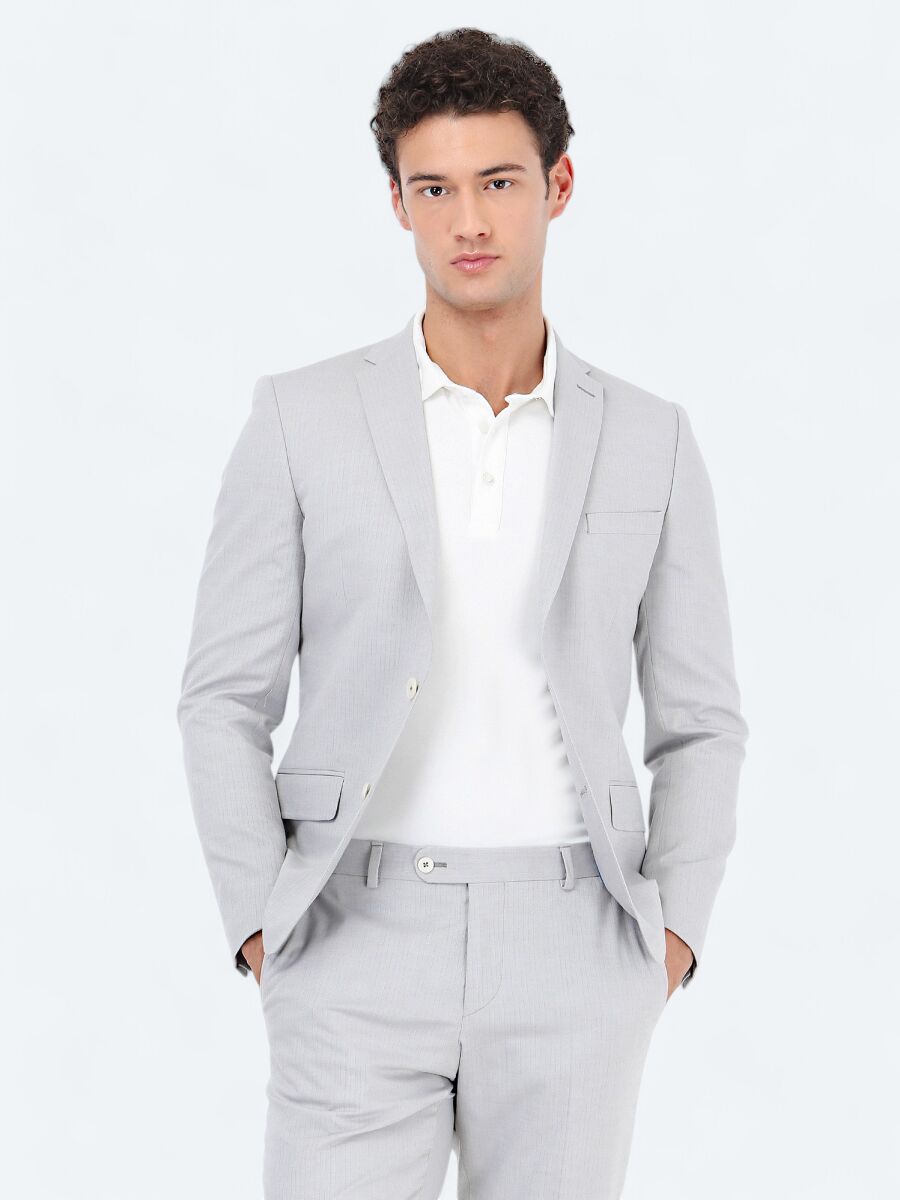 Grey Striped Slim Fit Cotton Blended Suit - 3