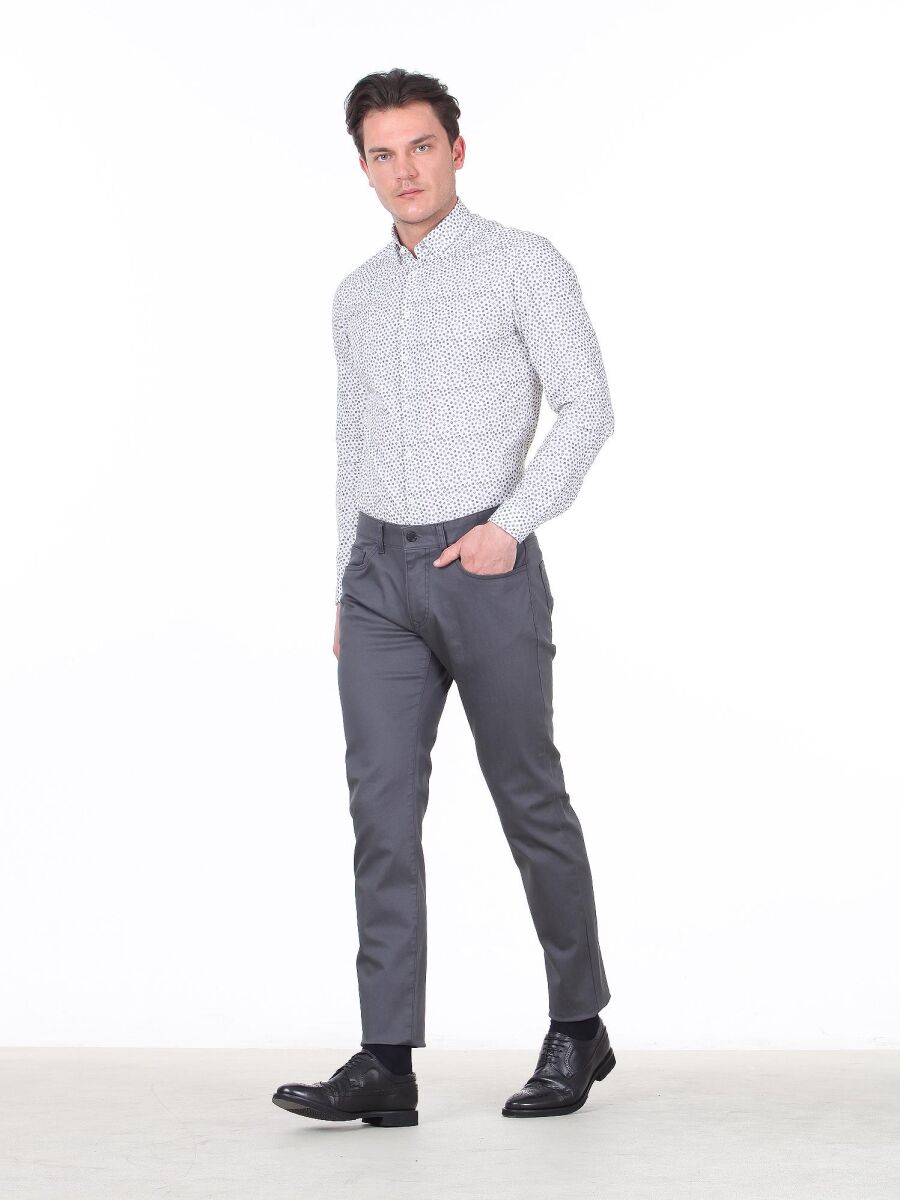 Grey Weaving Fitted Fit Casual Cotton Blended Trousers - 1