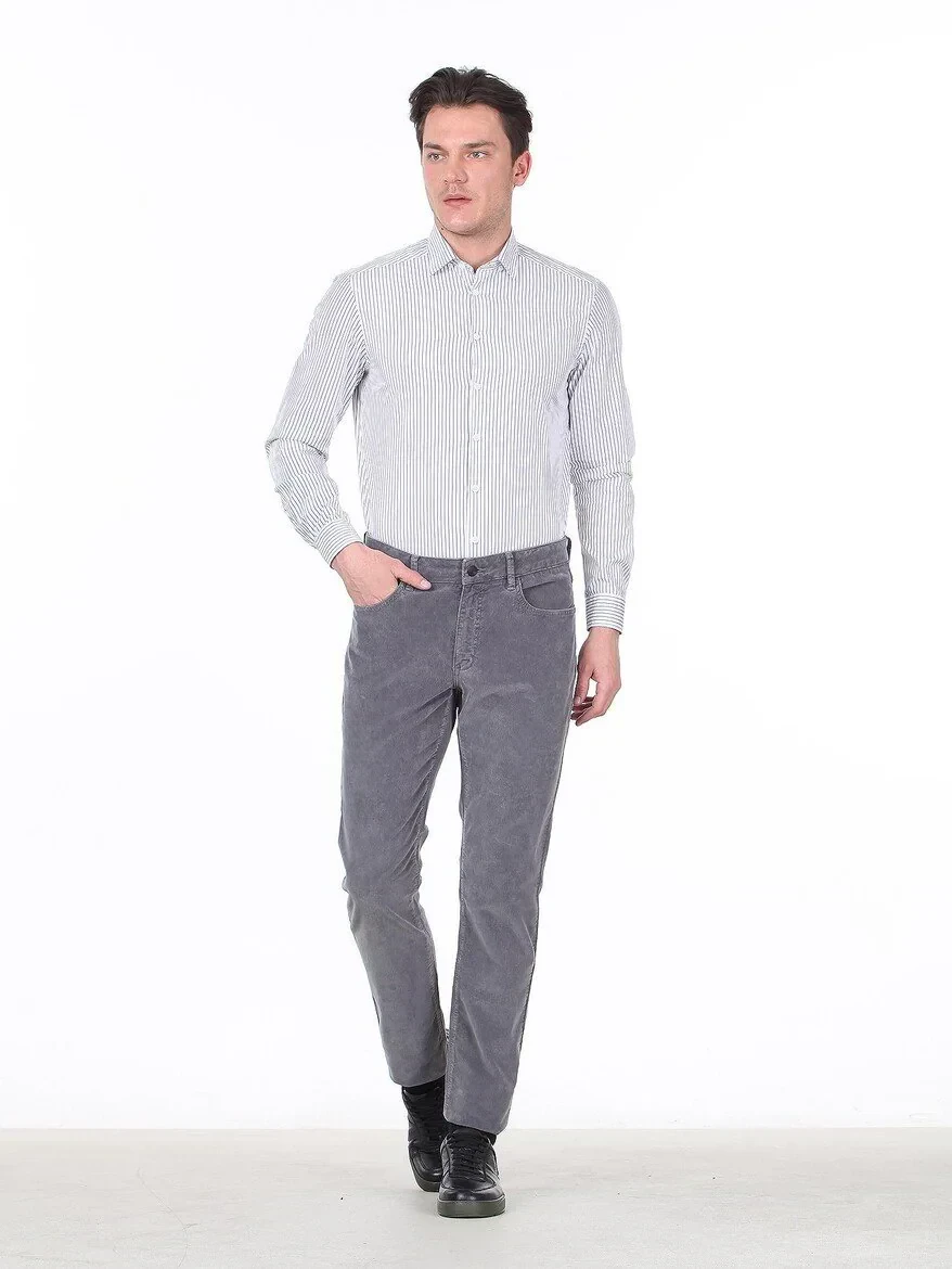 Grey Weaving Fitted Fit Casual Cotton Blended Trousers - 1