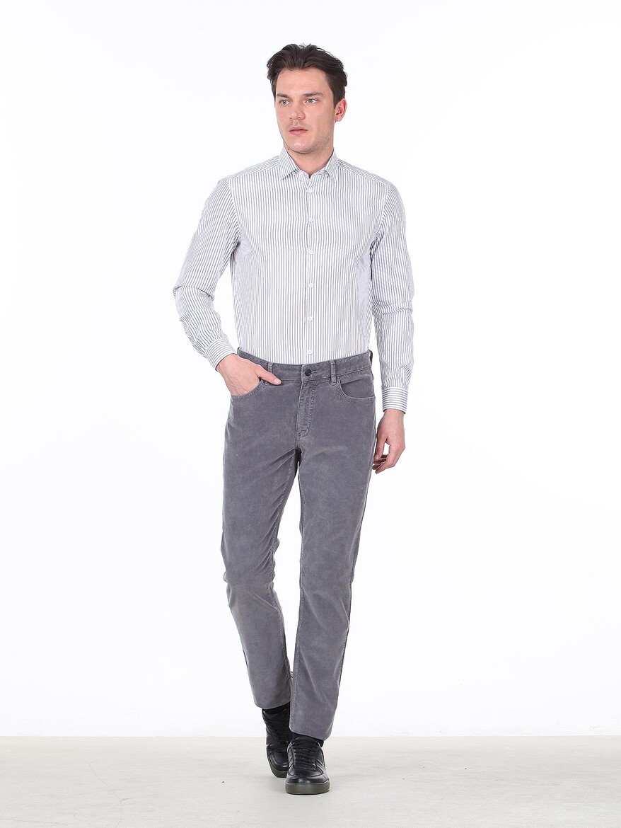 Grey Weaving Fitted Fit Casual Cotton Blended Trousers - 1