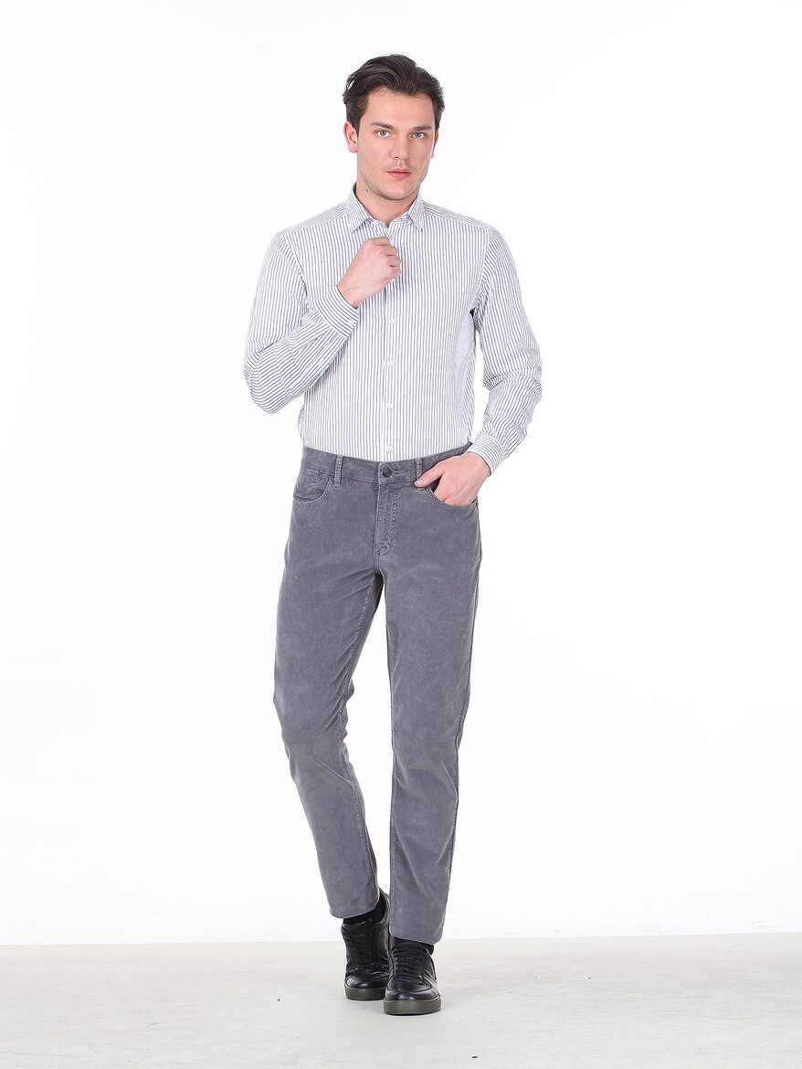 Grey Weaving Fitted Fit Casual Cotton Blended Trousers - 2