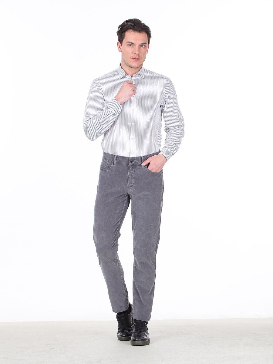 Grey Weaving Fitted Fit Casual Cotton Blended Trousers - 2