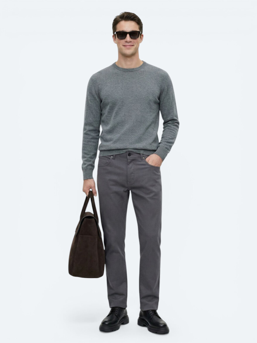 Grey Weaving Slim Fit Casual Cotton Blended Trousers - 1