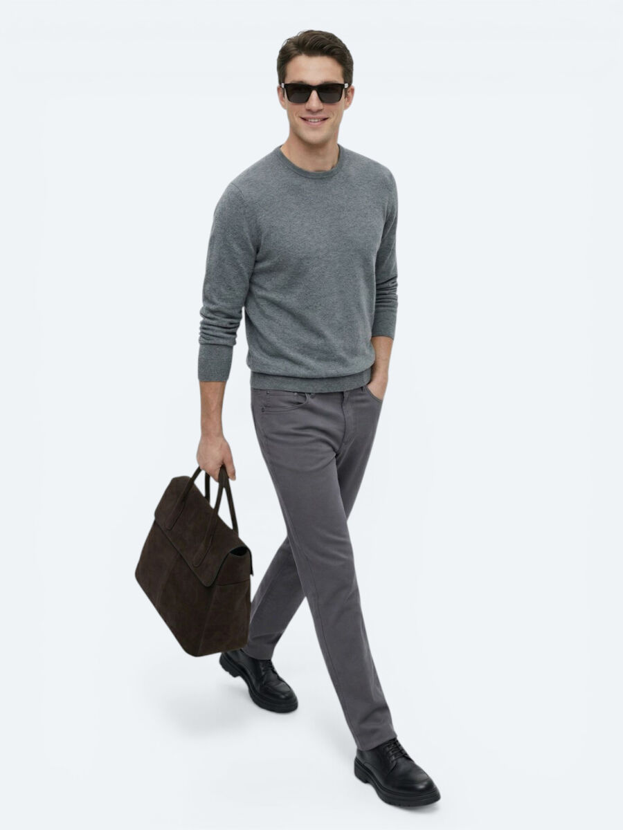 Grey Weaving Slim Fit Casual Cotton Blended Trousers - 3