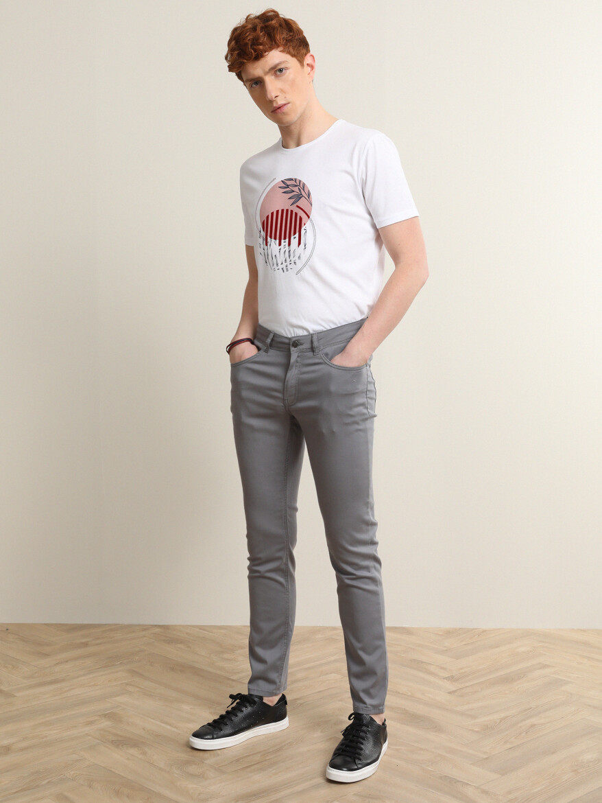 Grey Weaving Slim Fit Casual Cotton Blended Trousers - 1