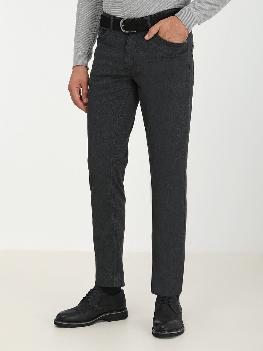 Grey Weaving Slim Fit Casual Cotton Blended Trousers - 1