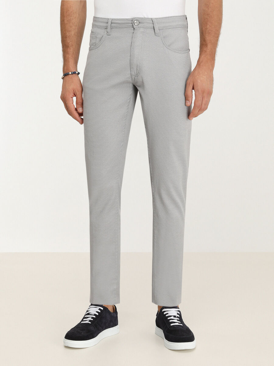 Grey Weaving Slim Fit Casual Cotton Blended Trousers - 1