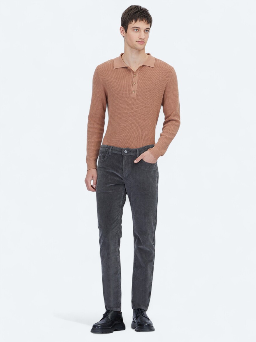 Grey Weaving Slim Fit Casual Cotton Blended Trousers - KİP