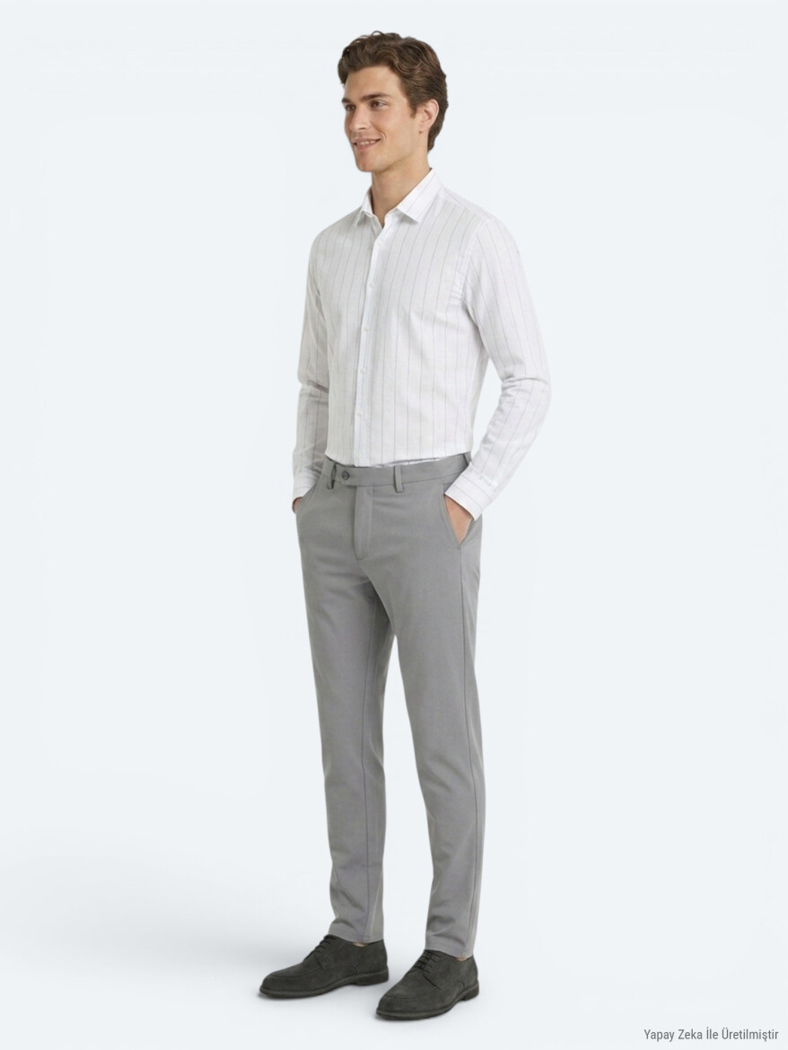 Grey Weaving Slim Fit Casual Trousers - KİP
