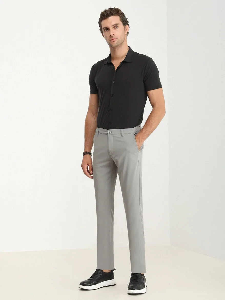 Grey Weaving Slim Fit Casual Trousers - 1