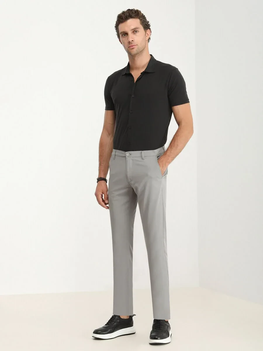 Grey Weaving Slim Fit Casual Trousers - 1