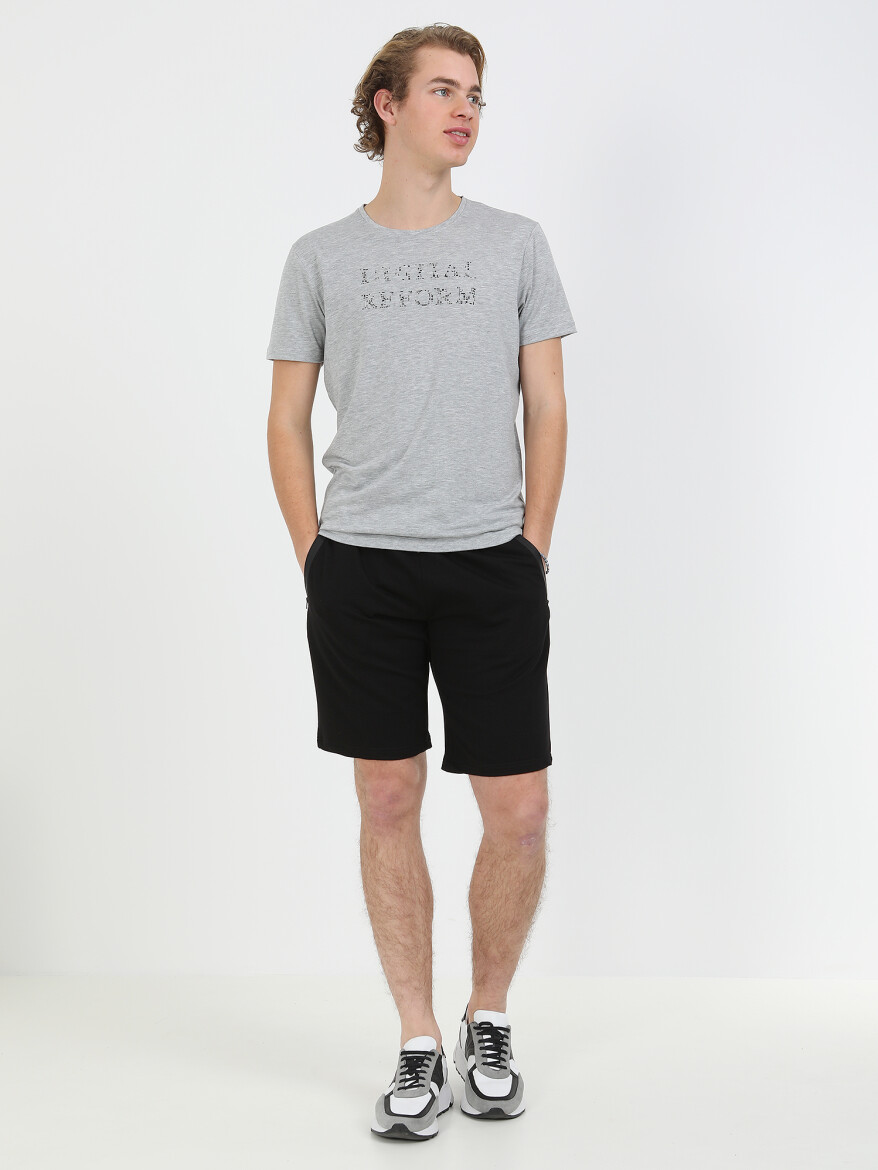 Gri Baskılı Bisiklet Yaka %100 Pamuk T-Shirt - 1