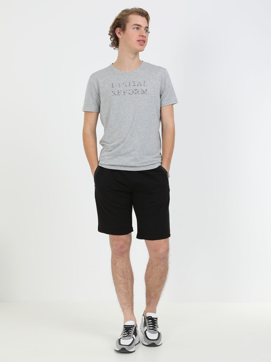 Gri Baskılı Bisiklet Yaka %100 Pamuk T-Shirt - 1