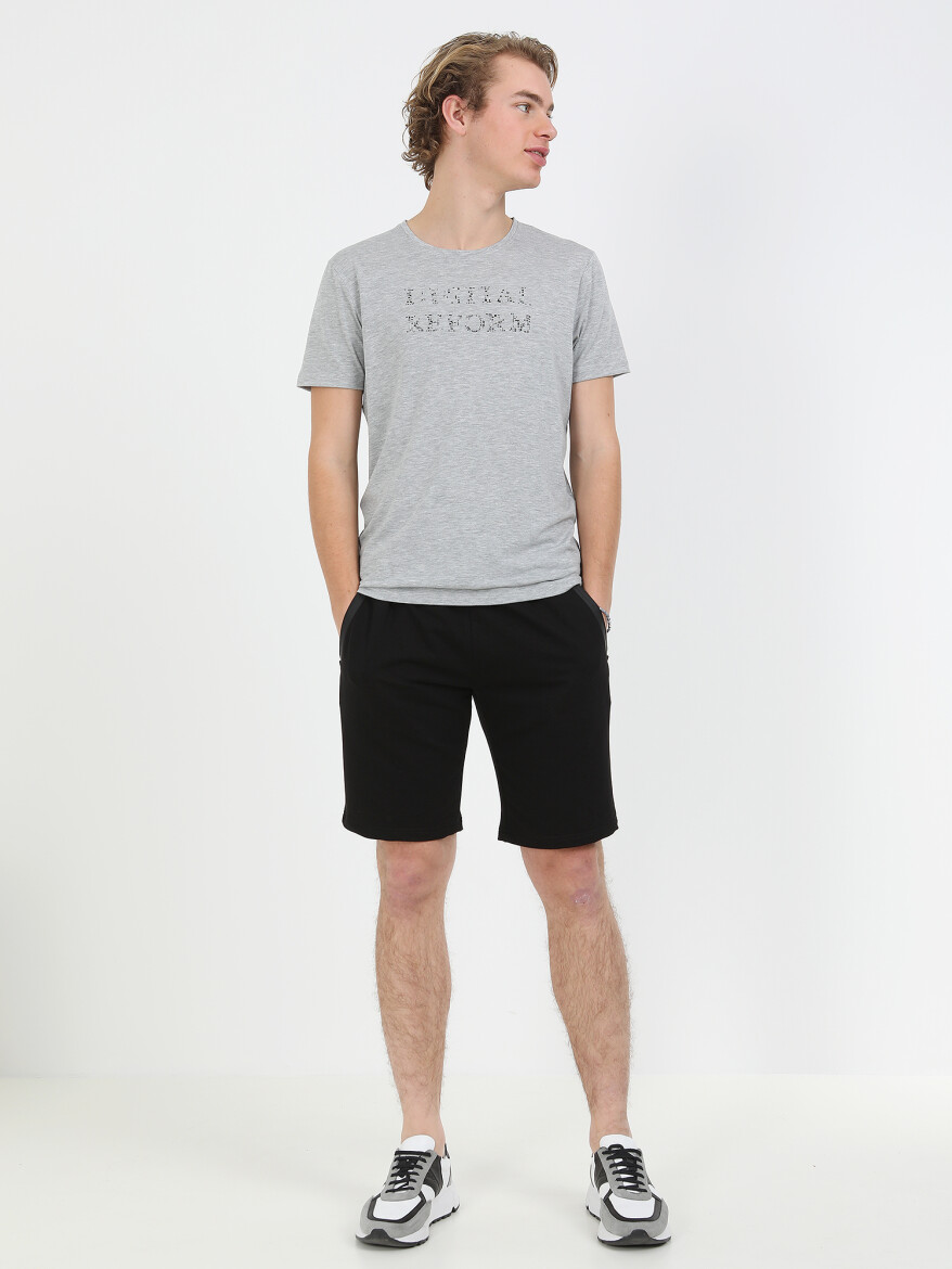 Gri Baskılı Bisiklet Yaka %100 Pamuk T-Shirt - 3