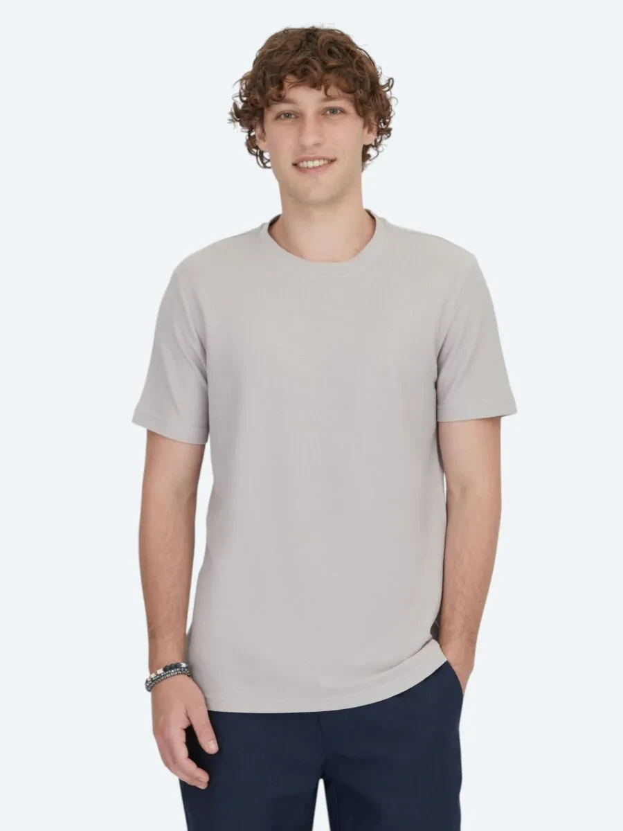 Gri Bisiklet Yaka %100 Pamuk T-Shirt - 1