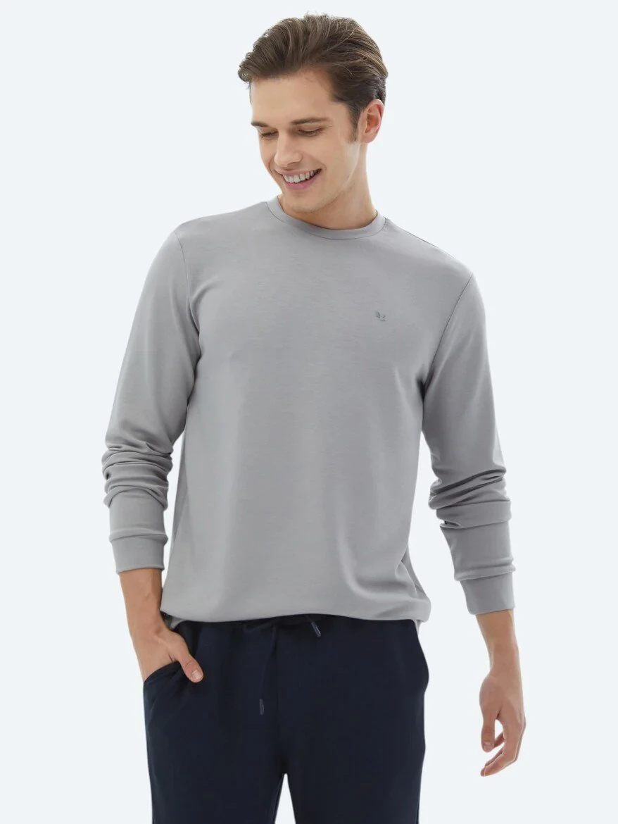 Gri Bisiklet Yaka Baskılı Sweatshırt 