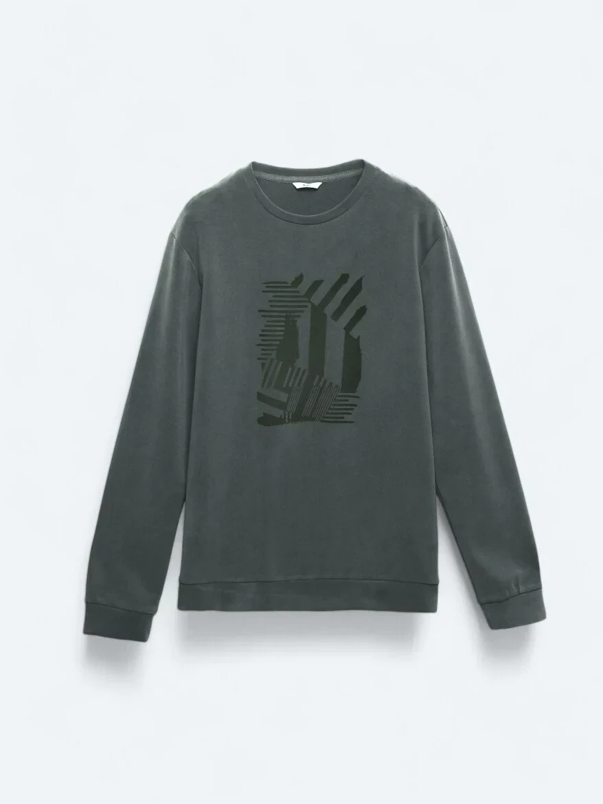 Gri Bisiklet Yaka Baskılı Sweatshırt - 7
