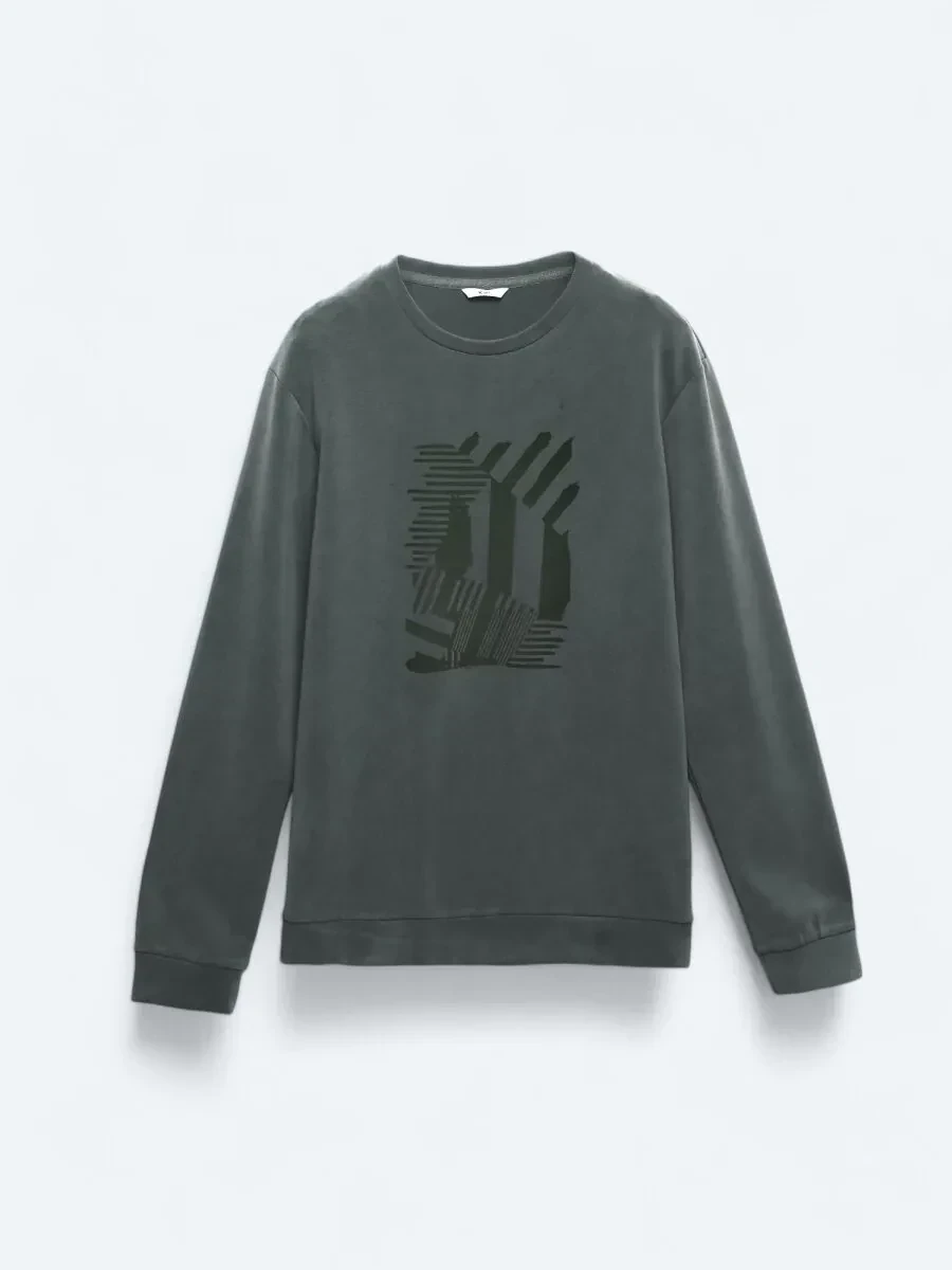 Gri Bisiklet Yaka Baskılı Sweatshırt - 7