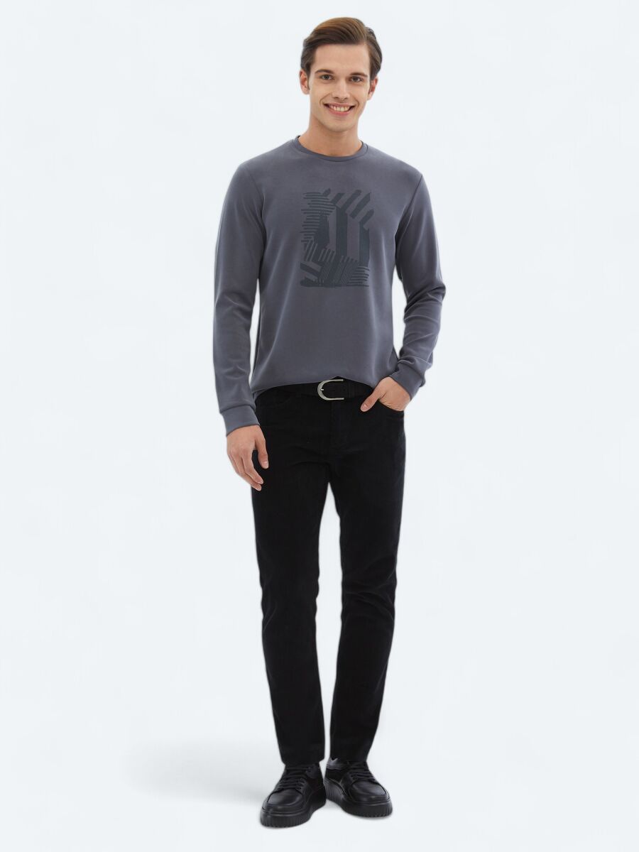 Gri Bisiklet Yaka Baskılı Sweatshırt - 2