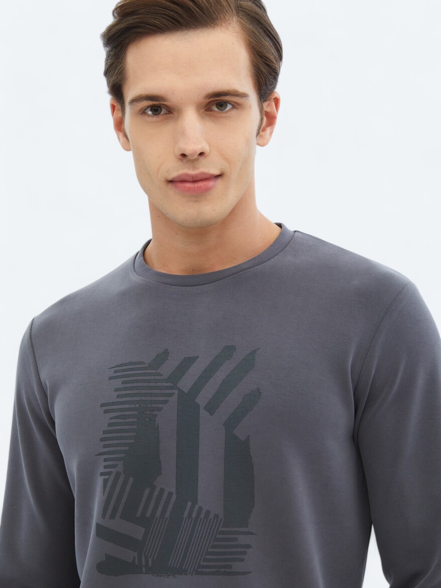 Gri Bisiklet Yaka Baskılı Sweatshırt - 3