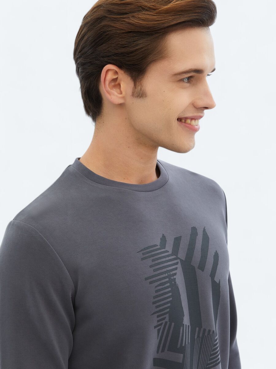 Gri Bisiklet Yaka Baskılı Sweatshırt - 4