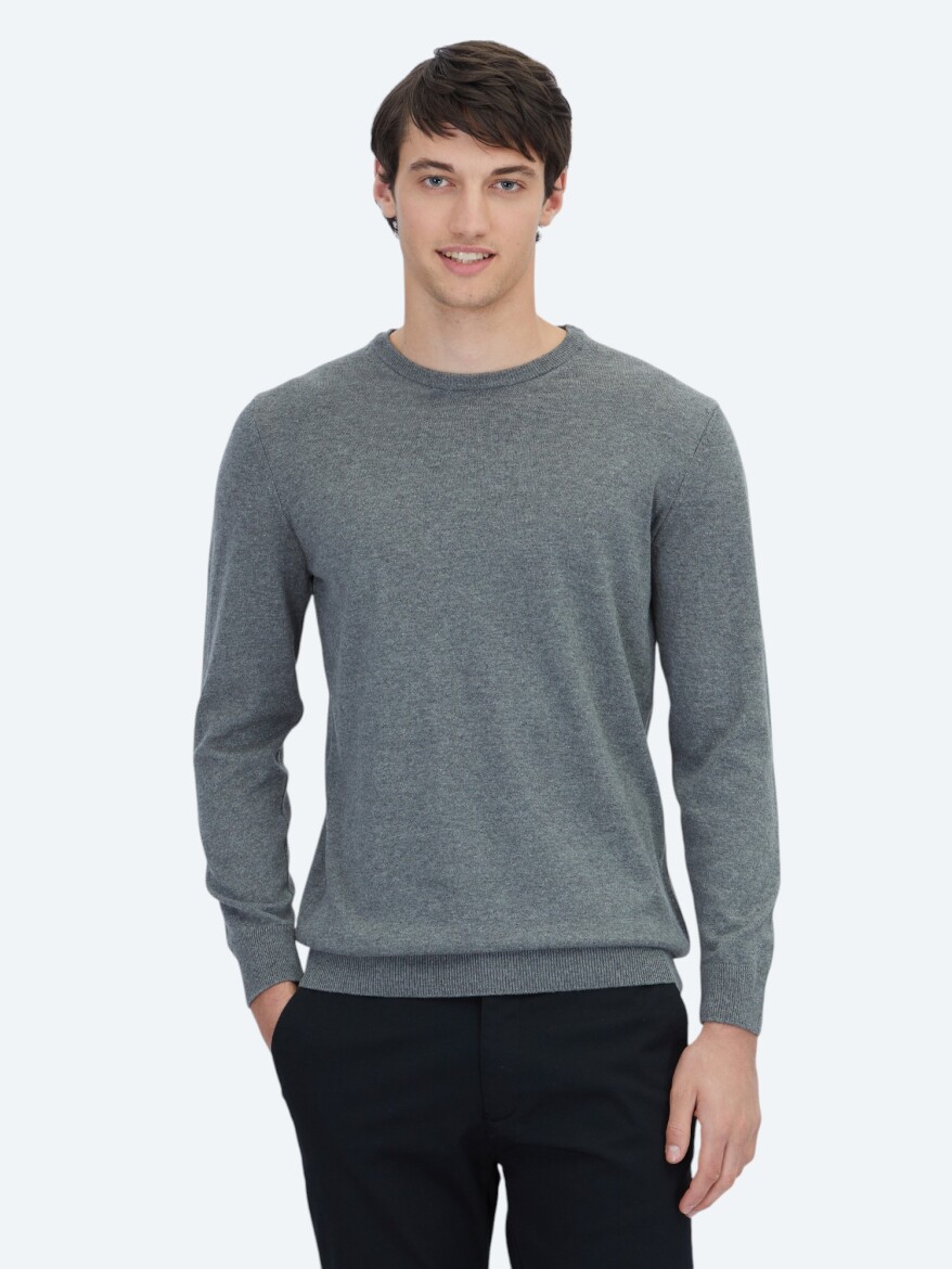 Gri Bisiklet Yaka Pamuk Karışımlı Triko Kazak - KİP