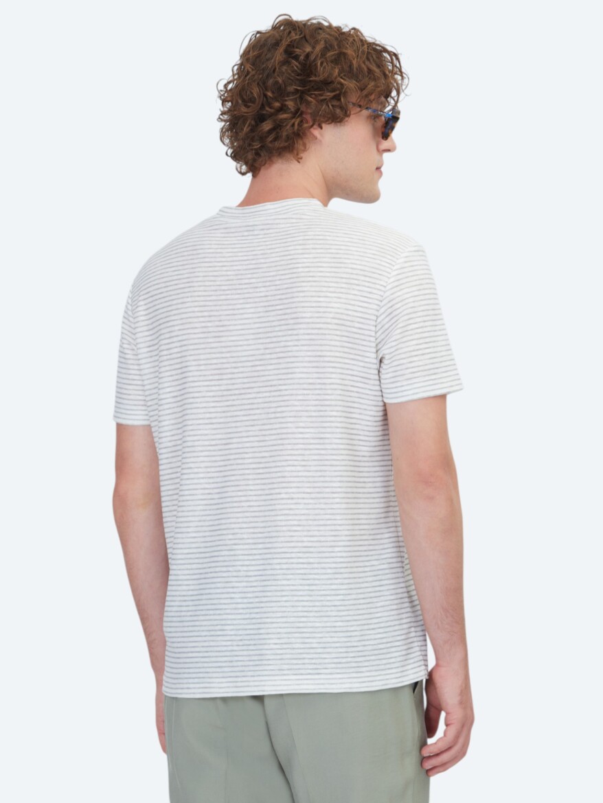 Gri Çizgili %100 Keten T-Shirt - 5